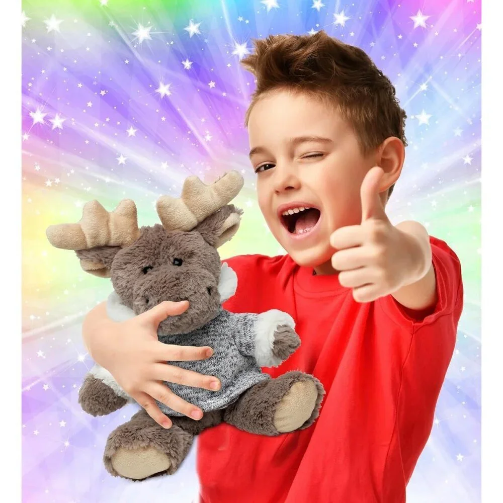 DolliBu Plush Moose Stuffed Animal - Soft Plush Sitting Moose with Gray Hood